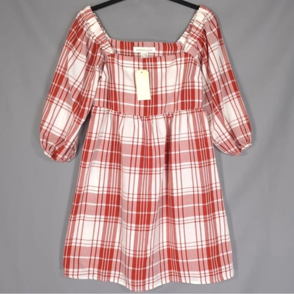 NWT Monteau Los Angeles Tiered Women’s Babydoll Mini‎ Dress Red Plaid SMALL